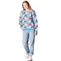 Ladies blue Snowman Christmas jumper with festive all-over knit design worn by model