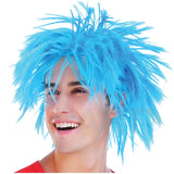 blue spiky wig with elastic around the wig cap.
