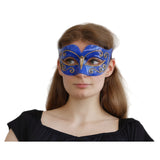 Woman wearing a blue decorative mask 