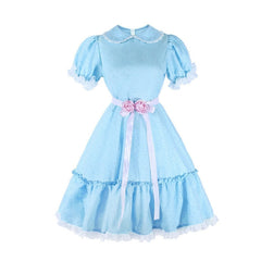 Blue twin sister horror costume with light blue dress and white socks for Halloween hire in Brisbane