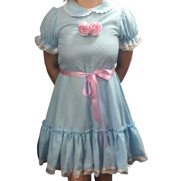 Blue twin sister horror costume with light blue dress and white socks for Halloween hire in Brisbane