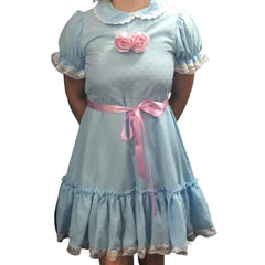 Blue twin sister horror costume with light blue dress and white socks for Halloween hire in Brisbane