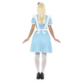 Back view of an adult blue Wonderland costume showing the dress design and attached apron for Book Week costumes.