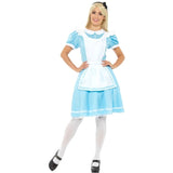 Adult wearing a blue Wonderland costume in a storybook-inspired character pose for Book Week, tea parties and fantasy events.