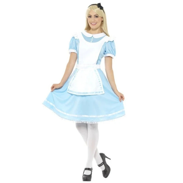 Adult wearing a blue Wonderland costume with white apron and black headband for Book Week and fantasy dress-up.