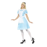 Side view of an adult blue Wonderland costume showing the puff sleeves, apron and classic storybook styling.