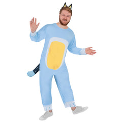 Front view of Bluey Bandit Adult Costume with printed spots and attached tail – official jumpsuit.