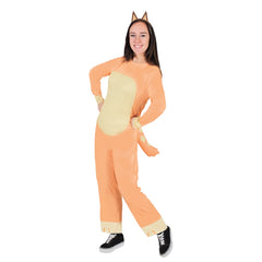 Front view of Bluey Chilli Adult Costume showing printed jumpsuit and attached tail with headband.