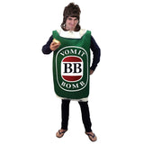Bogan beer can costume in green with silver metallic lid at shoulders.