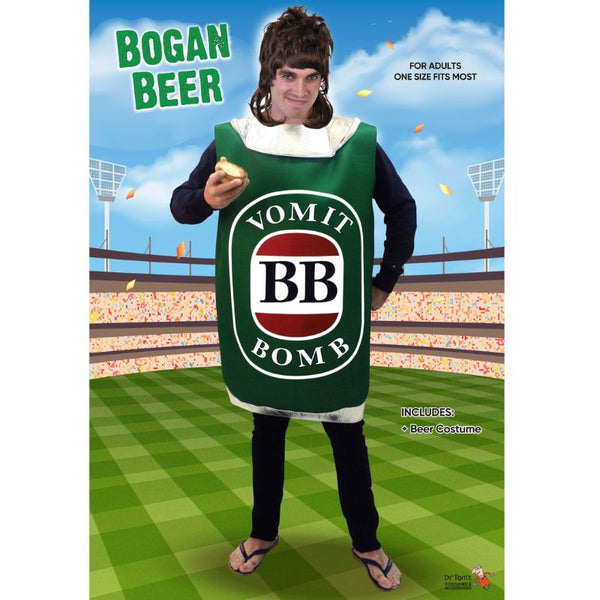 Bogan beer costume, resemles a can in green with "Vomit BB Bomb" wording on the front..