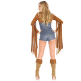 Back view of Boho Babe 60s ladies costume  short romper