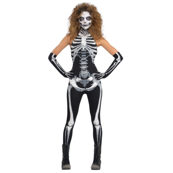 Bone-a-Fied Babe Skeleton Women's Costume, body suit with out sleeves plus gloves, skeleton print.