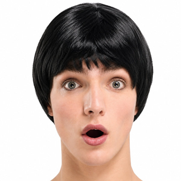 Boy band black wig on surprised model with short black hairstyle