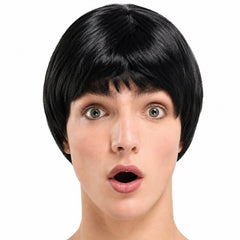 Boy band black wig with short layered 60s style hair for adults