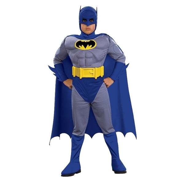 boys batman muscle chest costume, grey and blue with half mask attached to cape and yellow belt.