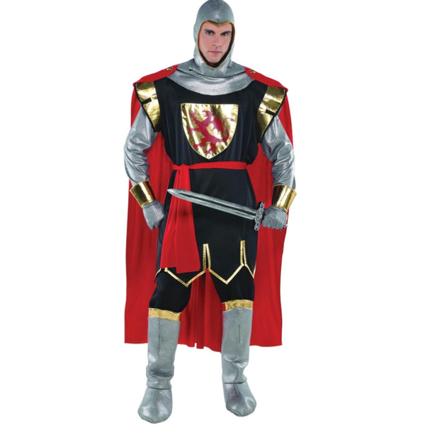 Brave Crusader Medieval Knight Men's Costume, tunic, hood, gloves and boot covers.
