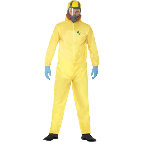 Yellow hazmat jumpsuit with breaking bad logo on chest
