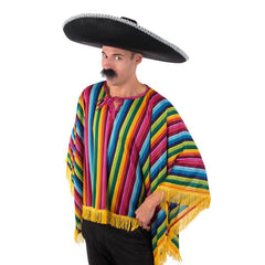 Bright Mexican poncho in rainbow colours with fringing costume accessory