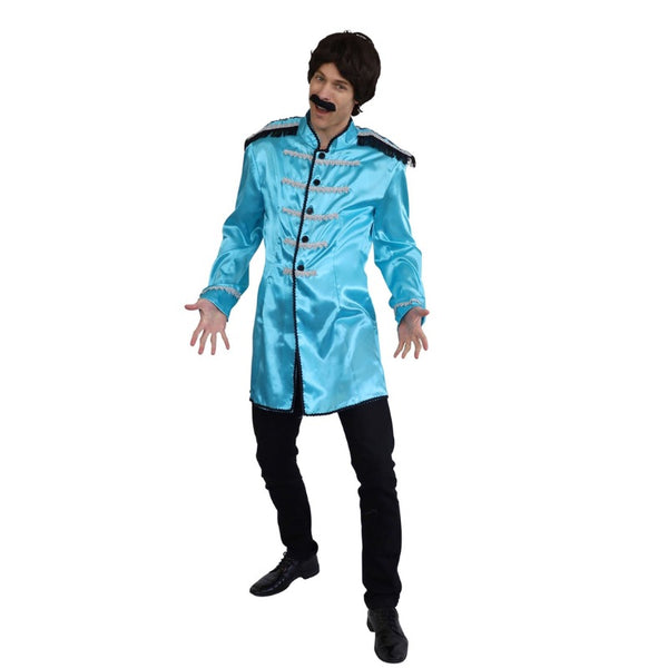 Blue British rockstar costume jacket with silver braid and fringed epaulettes