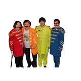 British Pop Stars Costume - Assort Sizes - Hire, pic is of group photo, orange, red, green and blue. Quality costume, neon green with gold trim and epaulets, includes jacket, pants, wig and glasses.