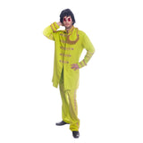 British Pop Stars Costume - Assort Sizes - Hire, quality costume, neon green with gold trim and epaulets, includes jacket, pants, wig and glasses.