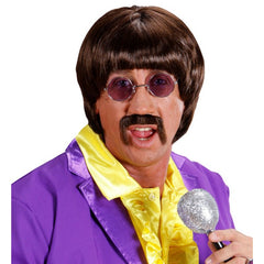 Brown 60s music man wig with moustache and glasses