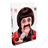 Packaged 60s style wig, moustache, and glasses set with a man wearing them on the box.