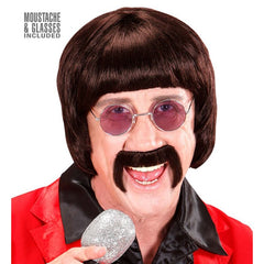 Brown 60s music man wig with moustache and glasses