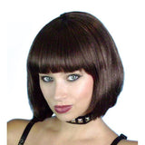 Short brown bob wig with fringe made from smooth deluxe synthetic fibre, chin-length costume wig.