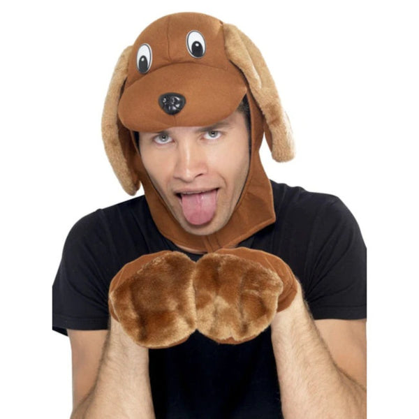 Brown dog kit with hood featuring floppy ears and matching furry gloves – costume accessory set for kids and adults
