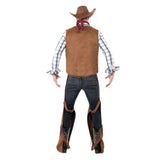 Brown fringe cowboy costume with hat that folds up for easy transport.