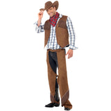 brown chaps and vest with fringing, hat and scarf