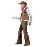 Brown fringe cowboy costume with fringing at chest and across the lower chaps.