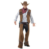 Brown fringe cowboy costume with chaps, vest, hat, and red bandanna – adult western outfit