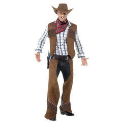 Brown fringe cowboy costume with chaps, vest, hat, and red bandanna – adult western outfit