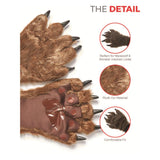 Brown furry paw with claws on a white background, showing details of plush fur material and comfortable fit.
