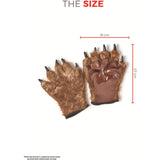 Pair of brown bear paw gloves with measurements on a white background