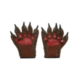 Pair of bear paw gloves with red pads on a white background