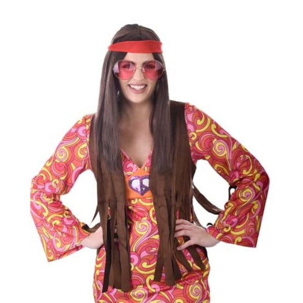 Long straight brown hippie wig with centre part, no fringe
