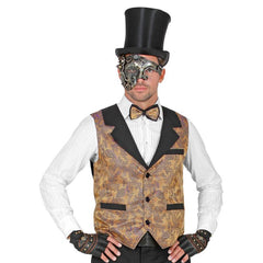 Brown jacquard vintage vest with black lapels and pocket trim