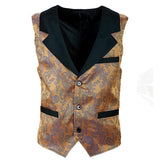 Brown jacquard vintage vest with black lapels and pocket trim
