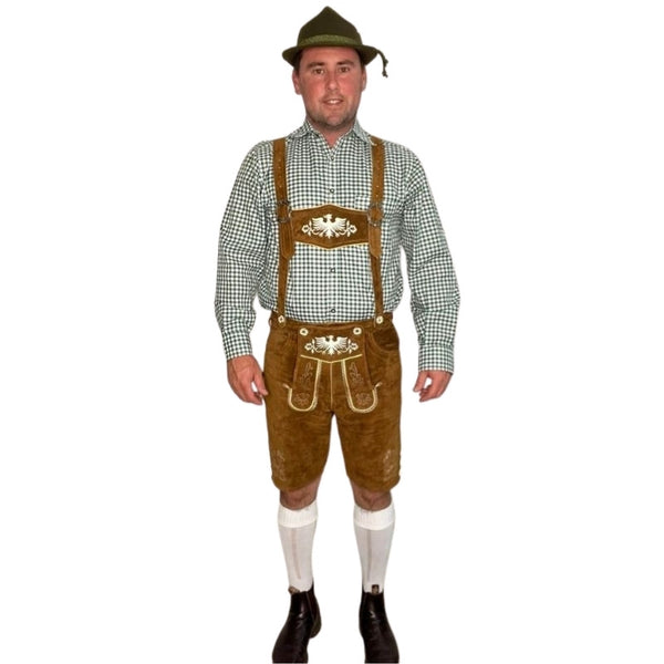 Brown leather lederhosen with eagle embroidery and adjustable braces