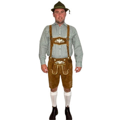 Brown leather lederhosen with eagle embroidery and adjustable braces