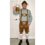 Front view of brown leather lederhosen showing pockets