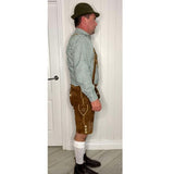side view of brown leather lederhosen showing off embroidered detail and side buttons