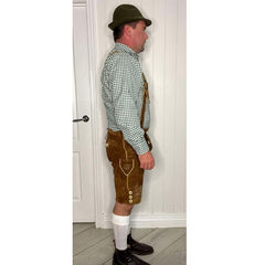 Brown suede leather lederhosen with embroidered eagle and deer designs, traditional Oktoberfest costume.
