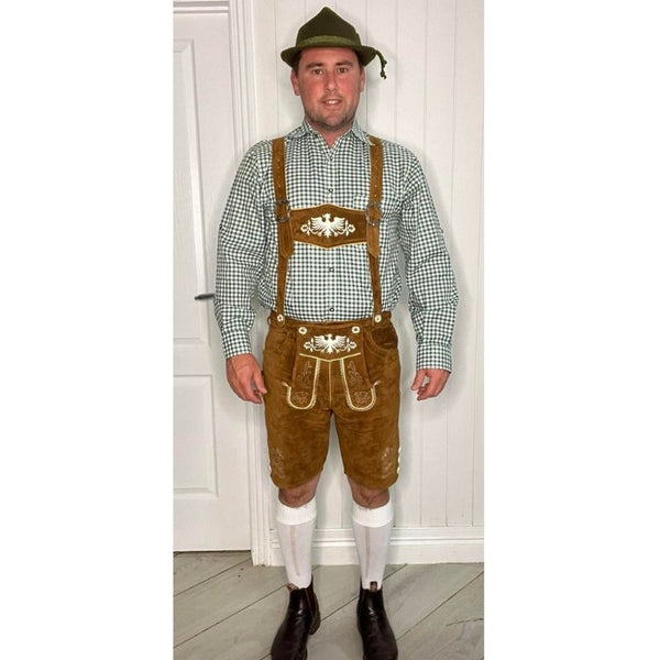 Brown suede leather lederhosen with embroidered eagle and deer designs, traditional Oktoberfest costume.