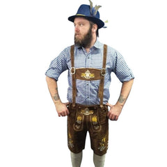 Traditional brown leather lederhosen with blue trilby