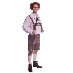 Traditional brown leather lederhosen with blue trilby