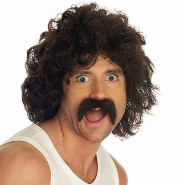 Brown curly morph wig and moustache set for 70s retro costumes